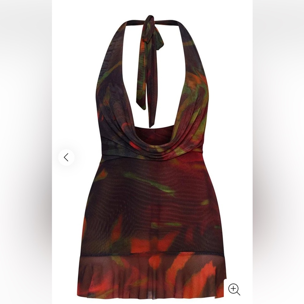 Red Abstract Printed Plunge Cowl Mesh Bodycon Dress